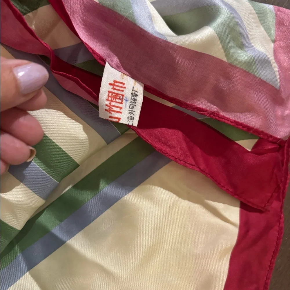 Vintage Floral Silky Square Scarf in Green, Cream & Red Trim